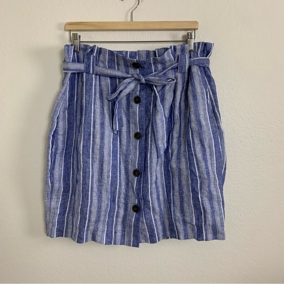 H&M Linen Striped Skirt Size 14 Paper Bag Waist Pockets Chambray - Picture 7 of 12